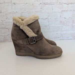 Aquatalia Tan Wedge Ankle Boots with Faux Fur